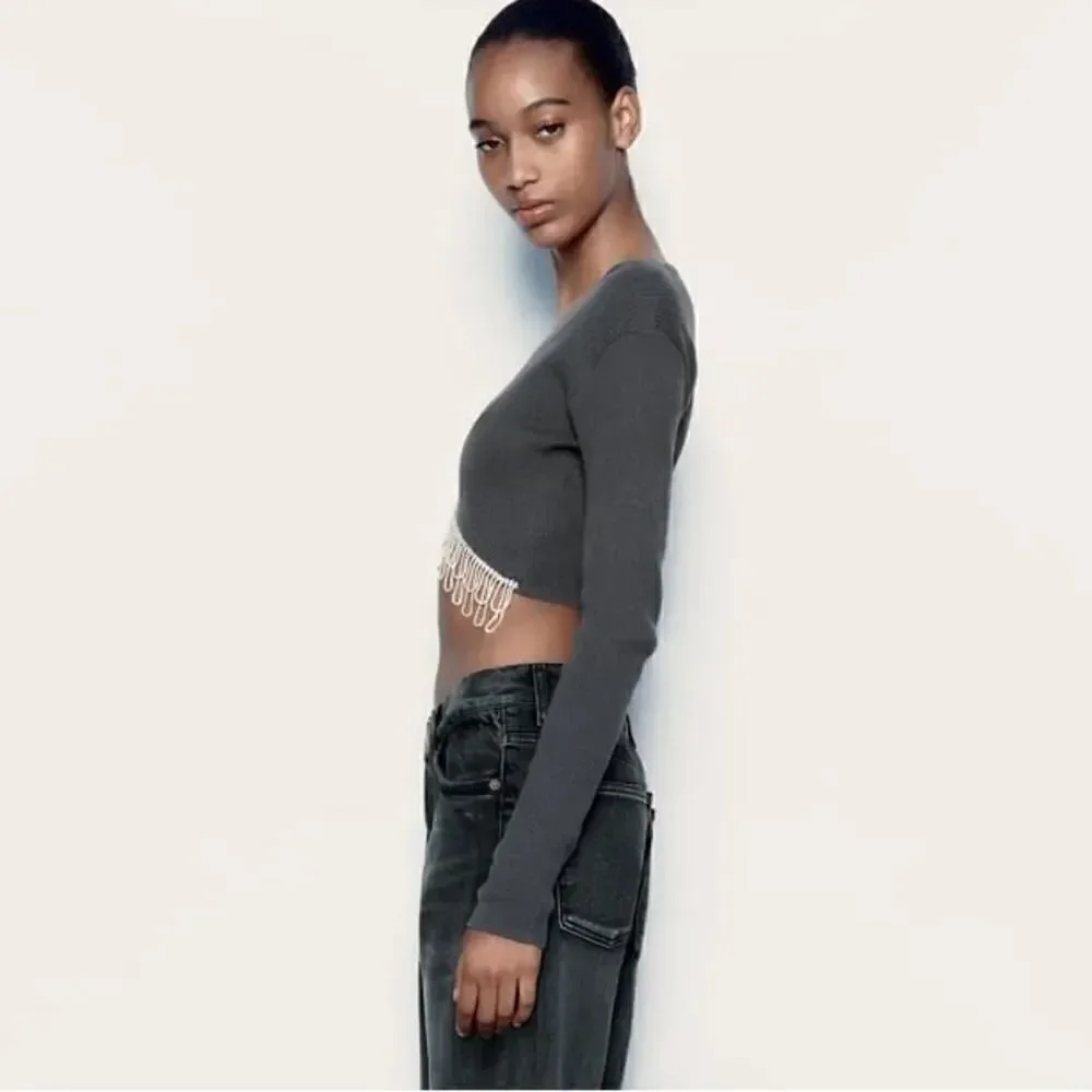 ZARA RHINESTONE SOFT CROP TOP
